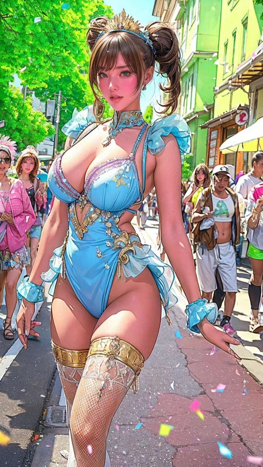 Highest quality, Official Art, masterpiece, Fabric Shading, High resolution, Very detailed, colorful, Best details, Fantasy, High leg samba costume:1.5, Yuki Mori:1.5, 1 female, Age 25, Brown Hair, Short Hair, Twin tails,Naturally flowing bangs, puffy nipple, Walking in a parade, A castle town with an old castle view, sunny, Large Breasts, skinny, Being surrounded by many people:1.9, Confetti falling, Blessed, welcome:1.5, Camel Toe:1.7, Ground level shot:,
