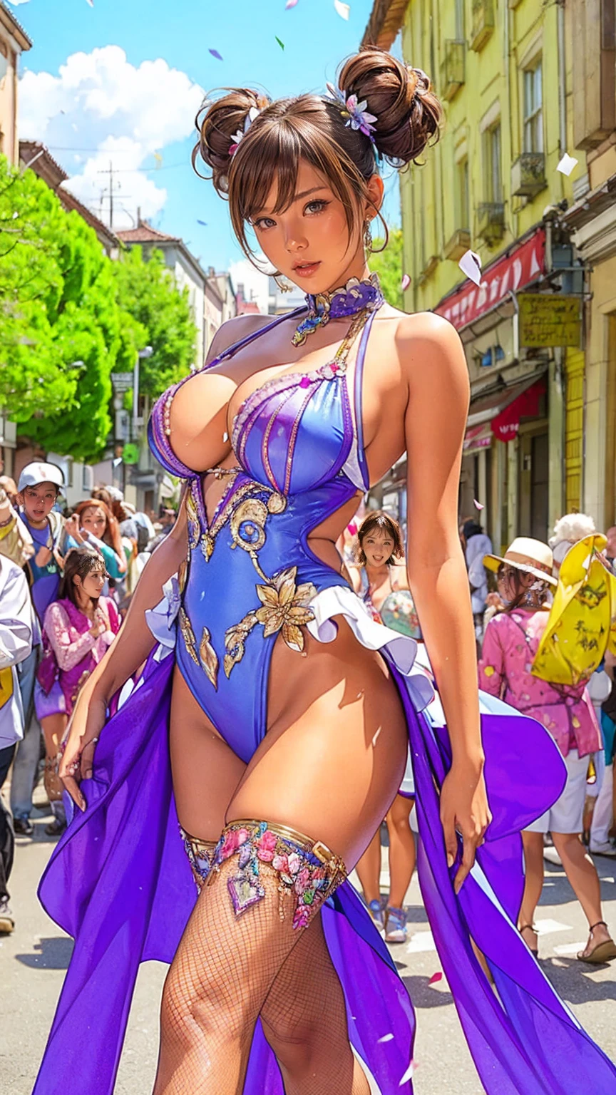 Highest quality, Official Art, masterpiece, Fabric Shading, High resolution, Very detailed, colorful, Best details, Fantasy, Sexy high leg samba costume:1.5, 1 female, Age 25, Brown Hair, Short Hair, Twin tails,Naturally flowing bangs, puffy nipple, Walking in a parade, A castle town with an old castle view, sunny, Large Breasts, skinny, Being surrounded by many people:1.9, Confetti falling, Blessed, welcome:1.5, Camel Toe:1.7, Ground level shot:,