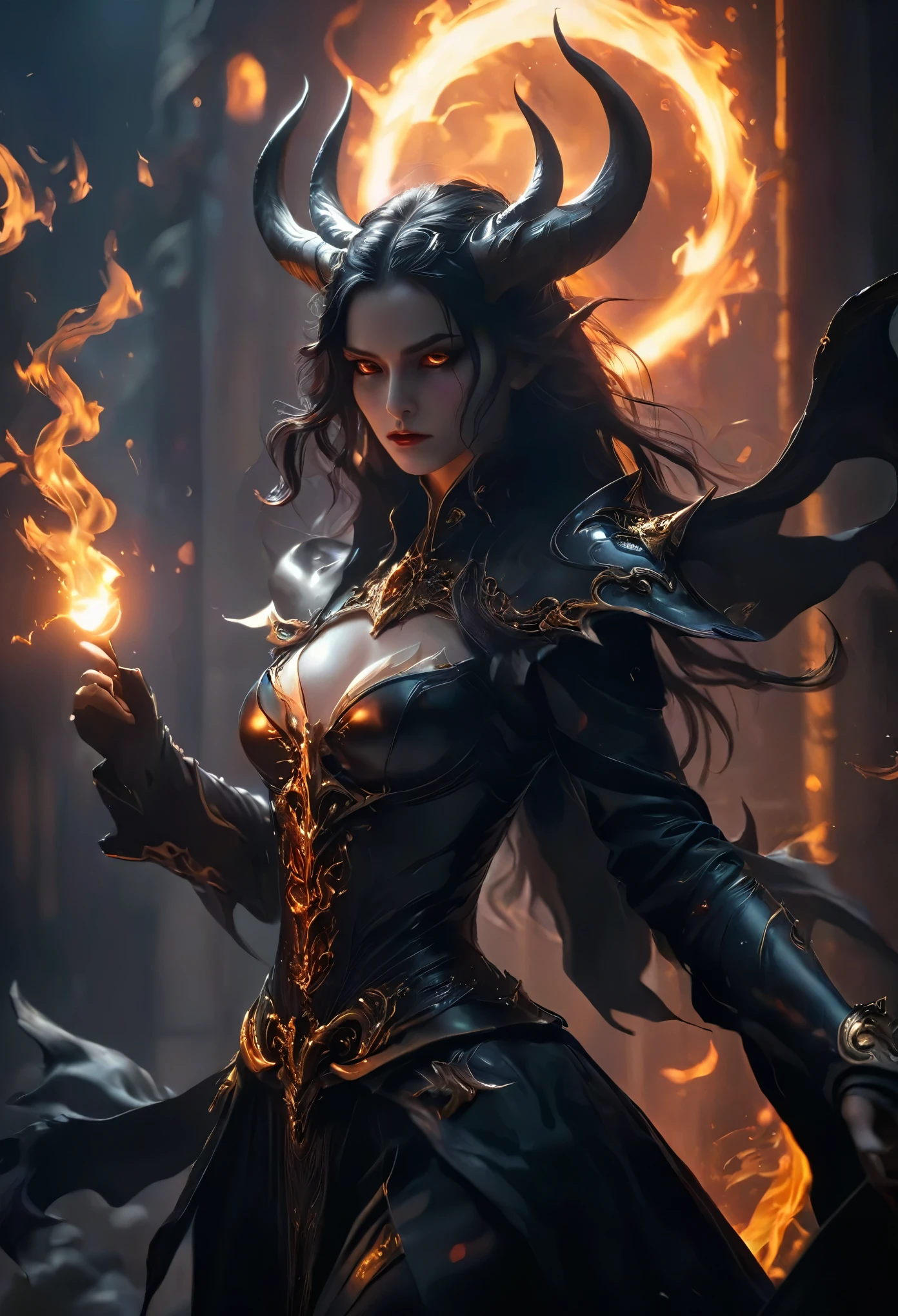 A beautiful female demon, glowing eyes in the night, porcelain skin, sharp fangs, long black hair, sinister expression, dark horns, flowing dark robe, dramatic lighting, moody atmosphere, gothic fantasy, dramatic chiaroscuro, cinematic composition, rich colors, deep shadows, dramatic pose