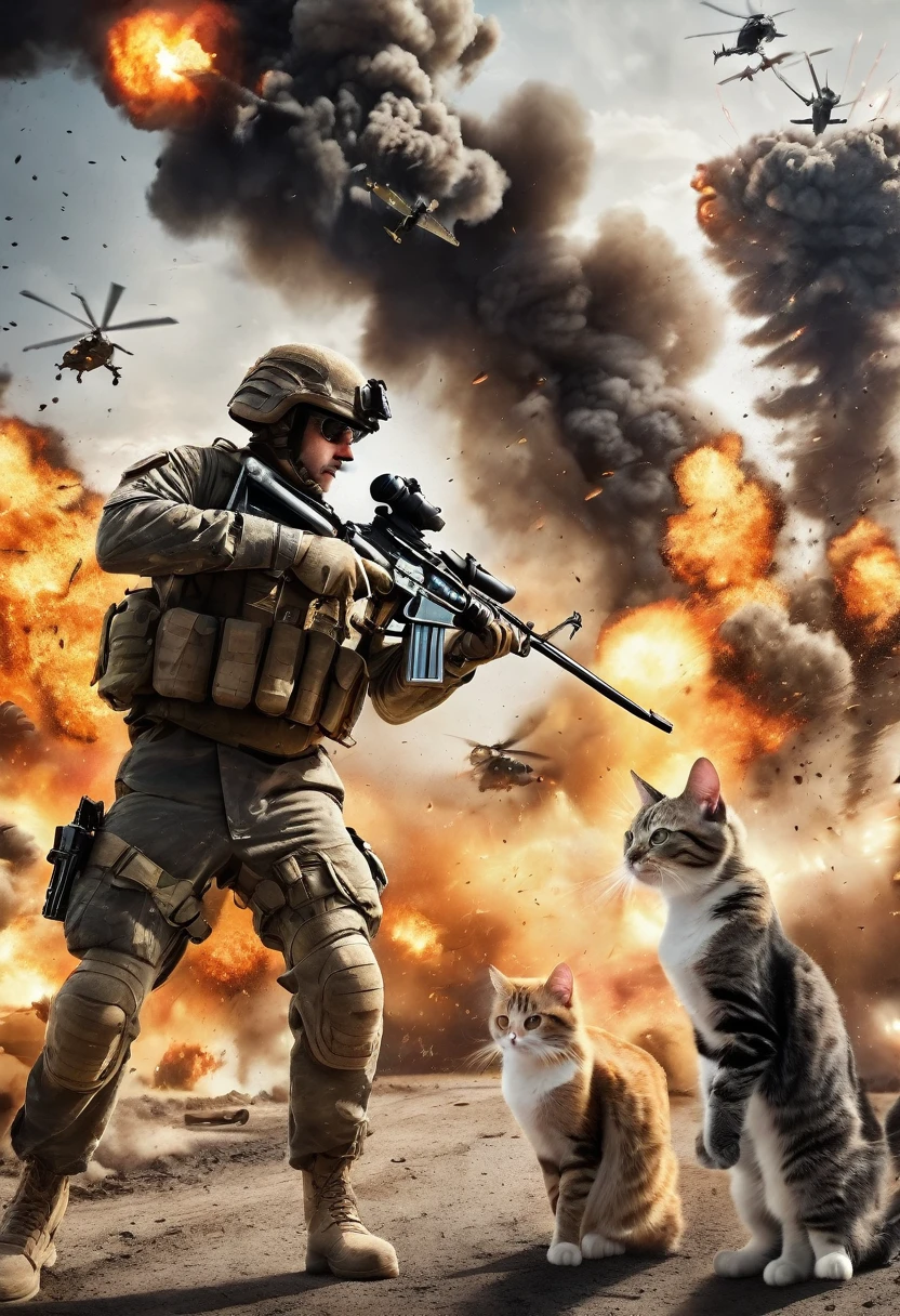 cinematic photo, realistic, modern battlefield cats versus humans, cats wearing modern combat camouflage uniforms, fighting on battlefield, guns, shots, fire, smoke, explosion, flying parts, film grain, 8k, uhd, insane detailed, award-winning photo, epic composition, movie poster