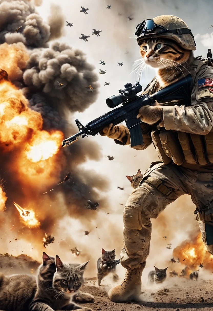 cinematic photo, realistic, modern battlefield cats versus humans, cats wearing modern combat camouflage uniforms, fighting on battlefield, guns, shots, fire, smoke, explosion, flying parts, film grain, 8k, uhd, insane detailed, award-winning photo, epic composition, movie poster