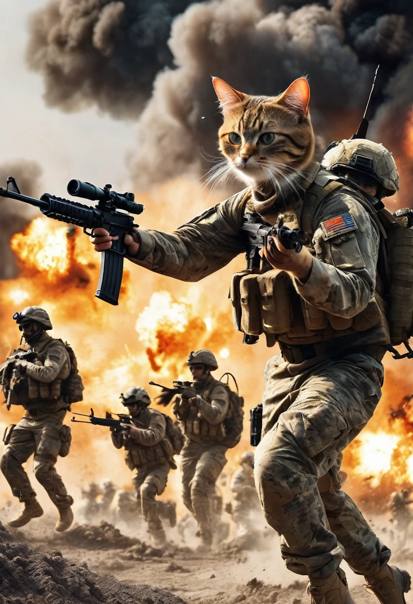 cinematic photo, realistic, modern battlefield cats versus humans, cats wearing modern combat camouflage uniforms, fighting on battlefield, guns, shots, fire, smoke, explosion, flying parts, film grain, 8k, uhd, insane detailed, award-winning photo, epic composition, movie poster