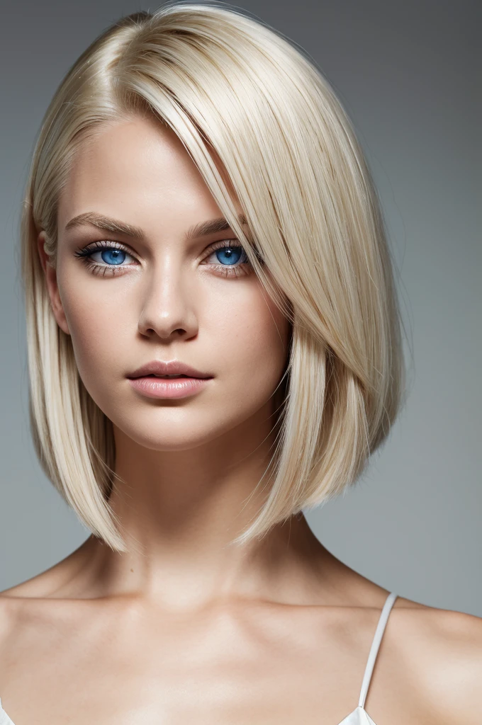 Create a high-quality close-up front view portrait of a young woman with straight, platinum blonde hair, styled in a sleek bob. She has striking blue eyes, a flawless fair complexion, and a subtle, serious expression. The background should be a simple, neutral color to keep the focus on her face.