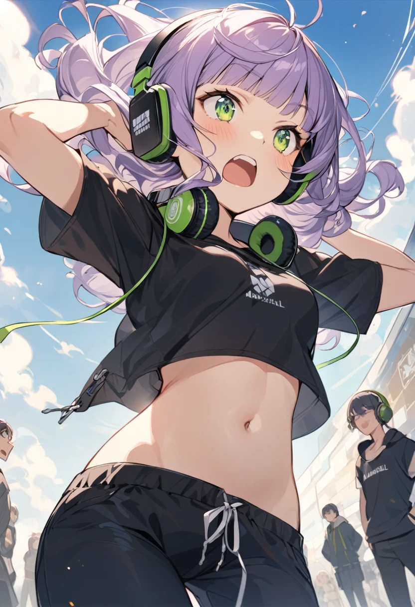 The girl closes her eyes and shouts loudly,pale-purple hair, a dynamic angle, wavy hair blowing in the wind, blunt bangs hair, black and green eyes,small breast, A black tank top showing her slim belly, black drawstring pants, The headphones are square-shaped, have the Marshall logo on the head, and the girl is wearing the headphones around her neck.