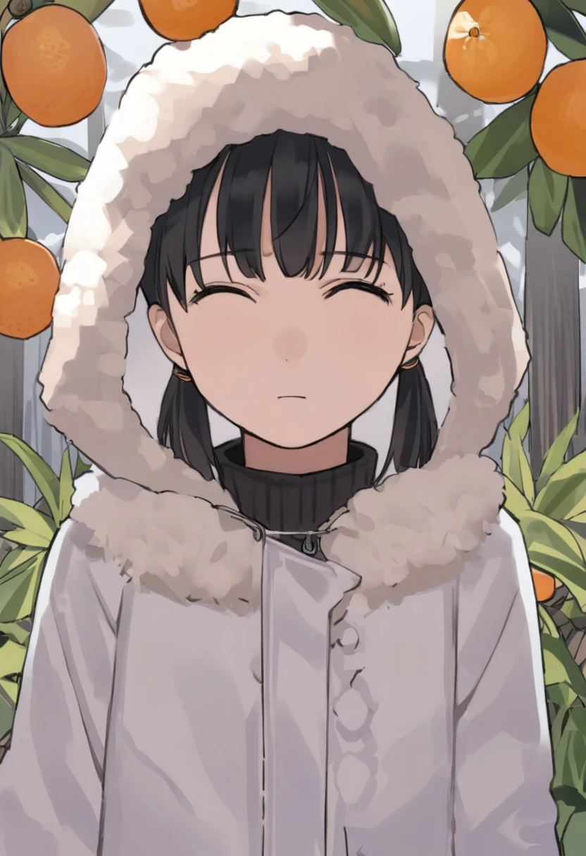 One girl, alone, Black Hair, fruits, Iris, wood, food, coat, hair ornaments, orange (fruits), View your viewers, Upper Body, short hair, Mouth closed, bangs, Fur trim, Outdoor, Hair ties, Jacket, Lower the hood, Day, leaf, zipper, mandarin orange, Winter clothes, Frowning, Twin tails, branch, turtleneck, Long sleeve, Day光, Expressionless