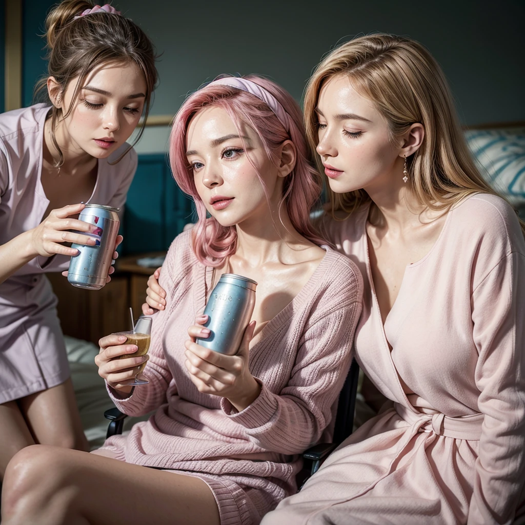 Elegant woman sipping a can of pink and blue cans at nursing home, the cans have the word ALONE on them, beverage, nursing home, slow, blushful, Sparkling wine, relaxante, slightly drunk, Product photography
