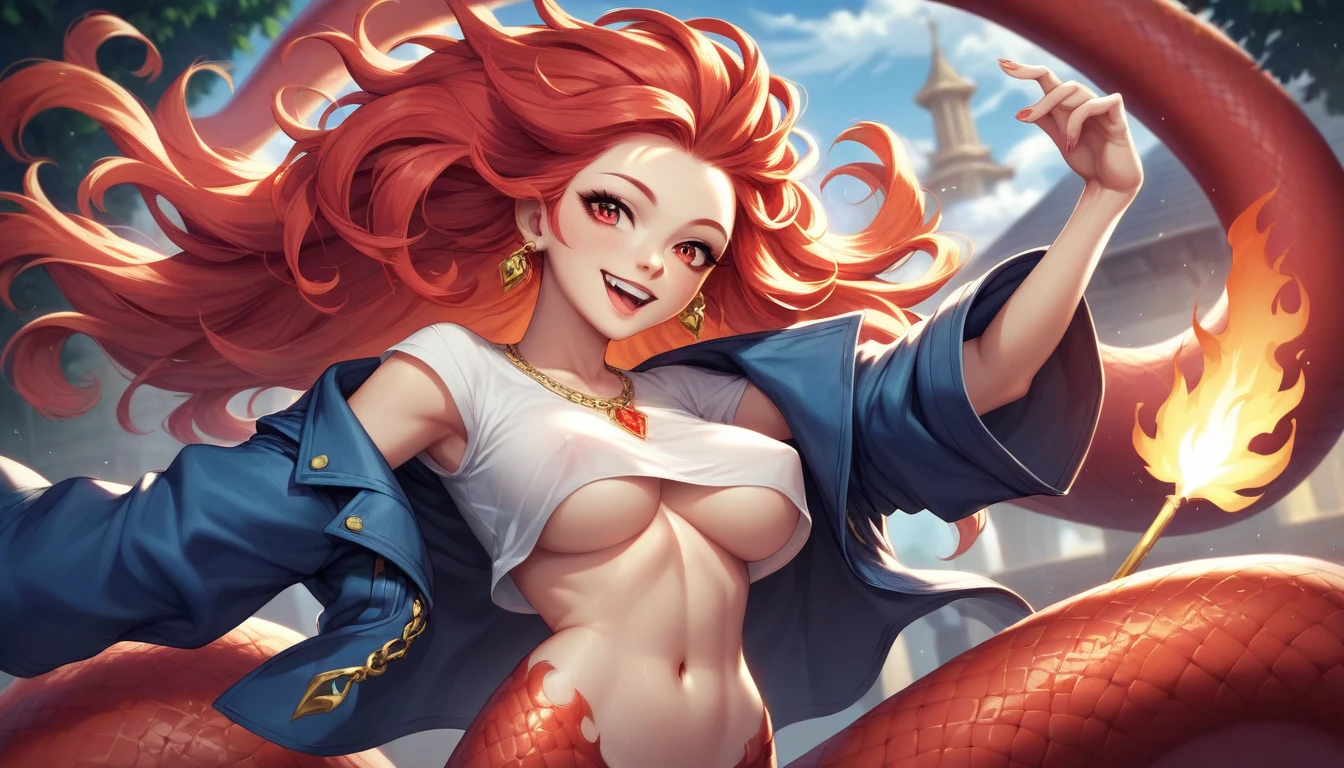 anime fantasy art style, a Goddess Lamia, flaming ruby red hair, long and flowing, beautiful bright red eyes, wearing a blue coat and stylish white t-shirt, hourglass body, looking at the viewer with a smile and posing with open arms. Detailed design, high quality, dynamic light