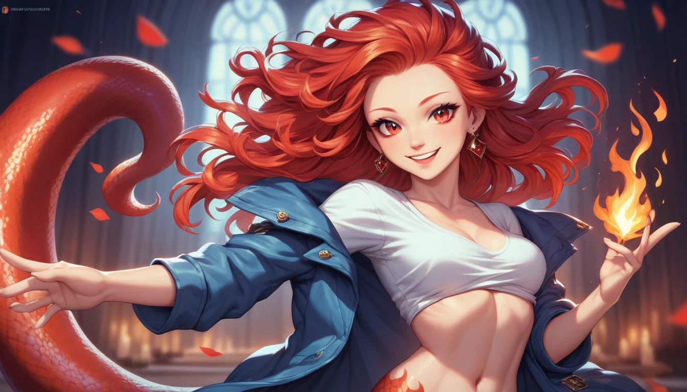 anime fantasy art style, a Goddess Lamia, flaming ruby ​​red hair, long and flowing, beautiful bright red eyes, wearing a blue coat and stylish white t-shirt, hourglass body, looking at the viewer with a smile and posing with open arms. Detailed design, high quality, dynamic light