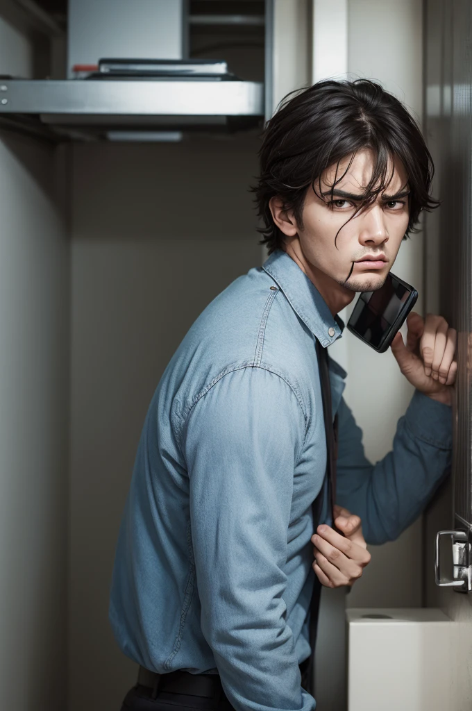 Early morning man holding cell phone angry