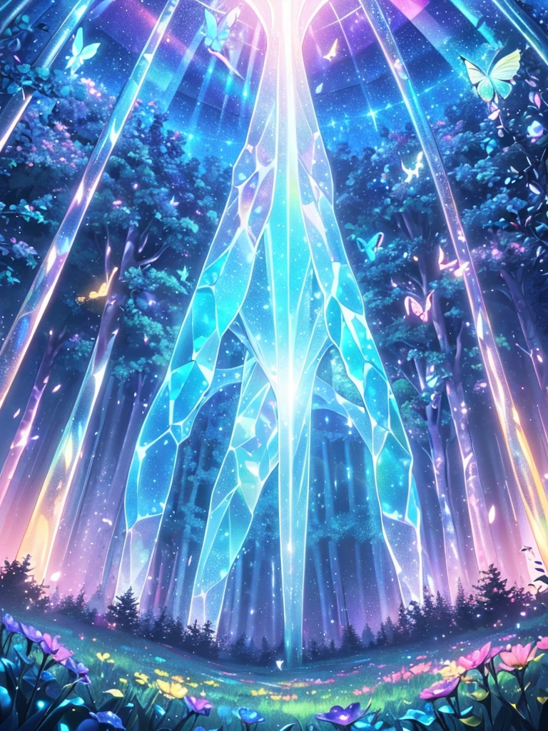 A mystical and enchanted forest, with luminous flowers, multicolored neon butterflies, crystal clear water, beautiful trees, (((unique view with extremely vivid multicolors without any people))), {extremely detailed 16k CG unit wallpaper}, expansive landscape photography, (a low angle view focusing on the character and the sky above), (wide open field view), (low angle shot), ( high light: 1.4), (low light: 1.2), (warm light source: 1.6), complex details, (iridescent colors: 1.6), (bright lighting), (atmospheric lighting), Dreamy, unique, no people, reflections perfect,(no humans)