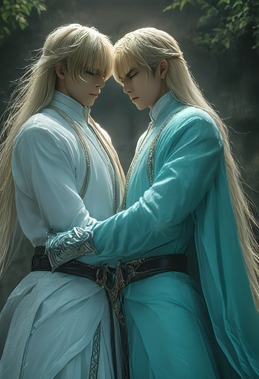 2 sexy males 25 year old, anime elves in a sensual pose medieval poster bed kissing under the sheer sheets, kissing each other, long blond/black hair, perfect intimate position, perfect composition, perfect hands and face, masterpiece, aqua color, UHD, 32k,