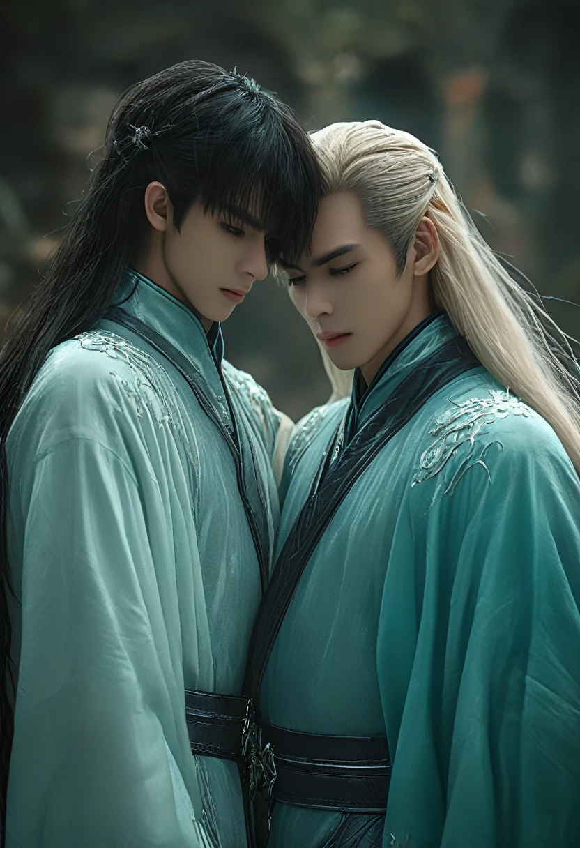 2 sexy males 25 year old, anime elves in a sensual pose medieval poster bed kissing under the sheer sheets, kissing each other, long blond/black hair, perfect intimate position, perfect composition, perfect hands and face, masterpiece, aqua color, UHD, 32k,
