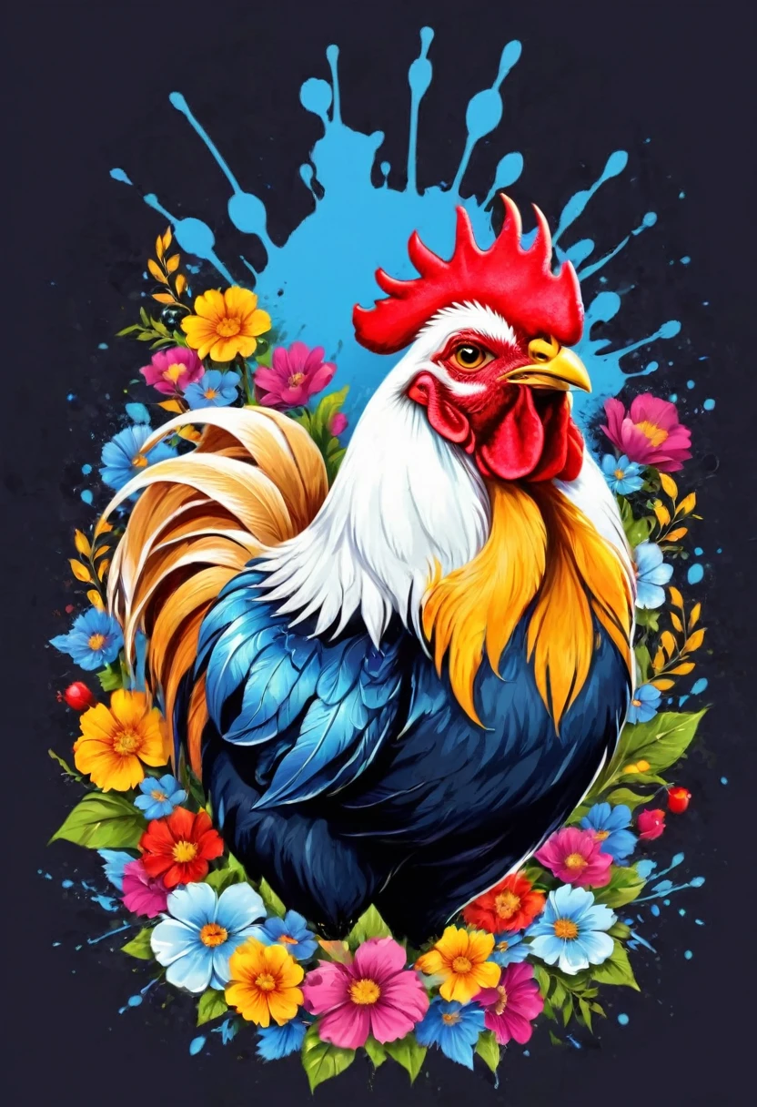 vector art heart with flowers, colorful illustration barcelos rooster in the center, paint splashes and stains, high detail, t-shirt designs (art work, best quality, professional, perfect composition, very aesthetic, ultra detalhado, desenho detalhado, vetorizado, 8K, design de adesivo profissional, projeto plano, Linhas vetoriais, adesivo, desenho, desenho, Full HD