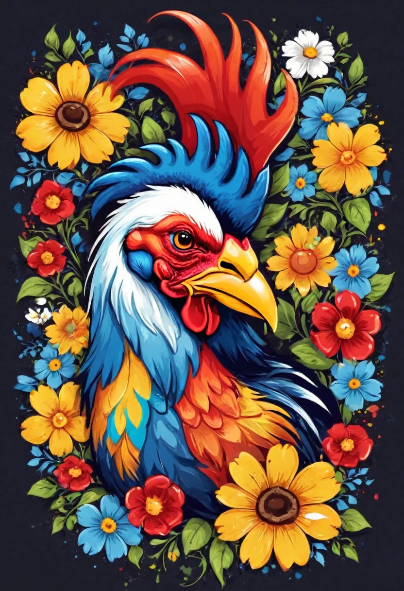 vector art heart with flowers, colorful illustration barcelos rooster in the center, paint splashes and stains, high detail, t-shirt designs (art work, best quality, professional, perfect composition, very aesthetic, ultra detalhado, desenho detalhado, vetorizado, 8K, design de adesivo profissional, projeto plano, Linhas vetoriais, adesivo, desenho, desenho, Full HD