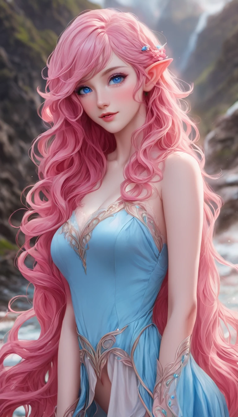 Woman, long wavy hair, pink hair, blue eyes, elf, sexy