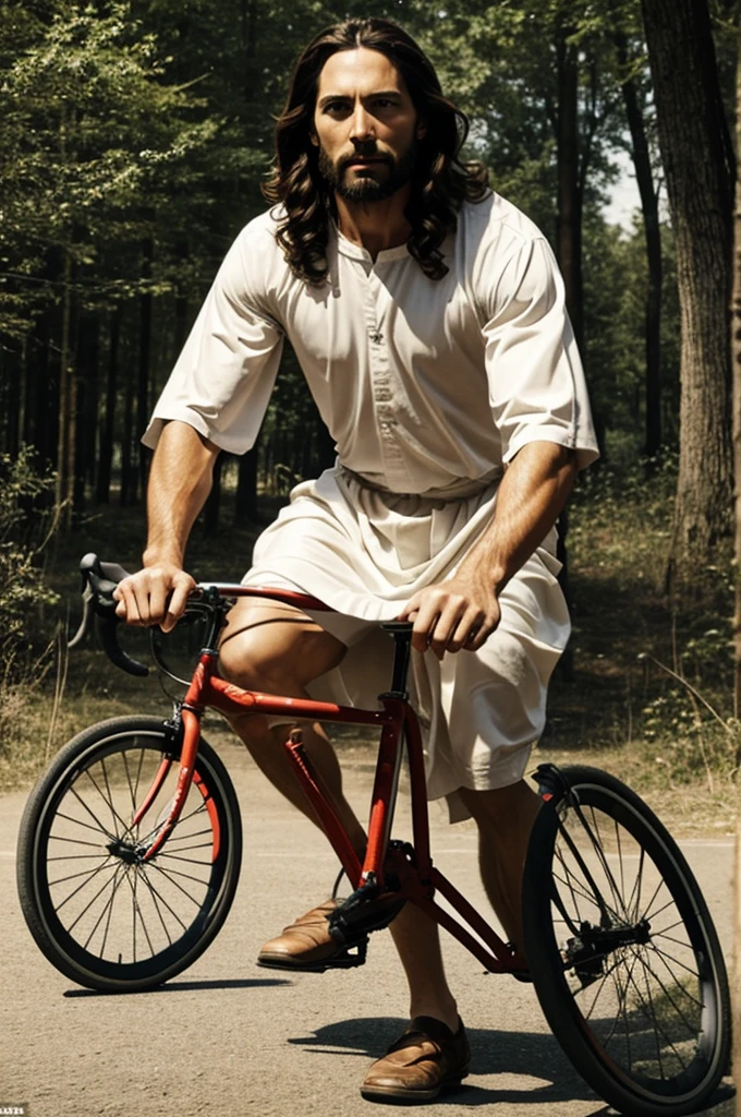 Jesus Christ riding a bicycle
