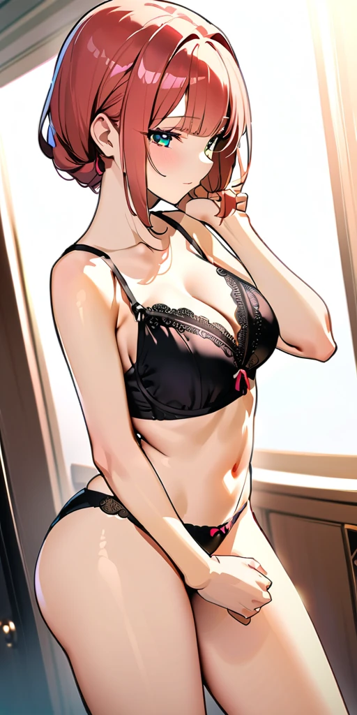((Highest quality、、masterpiece:1.3)), Upper Body、Long legs、Sharp focus:1.2, Beautiful woman with perfect figure:1.4、(Smiling:1.2), double eyelid、30-year-old female、Sexy pose、((((Close your mouth、One Woman, lace bra, panties ,Luxury hotel room))))、(((((Hands on the side of the body:1.5)))))