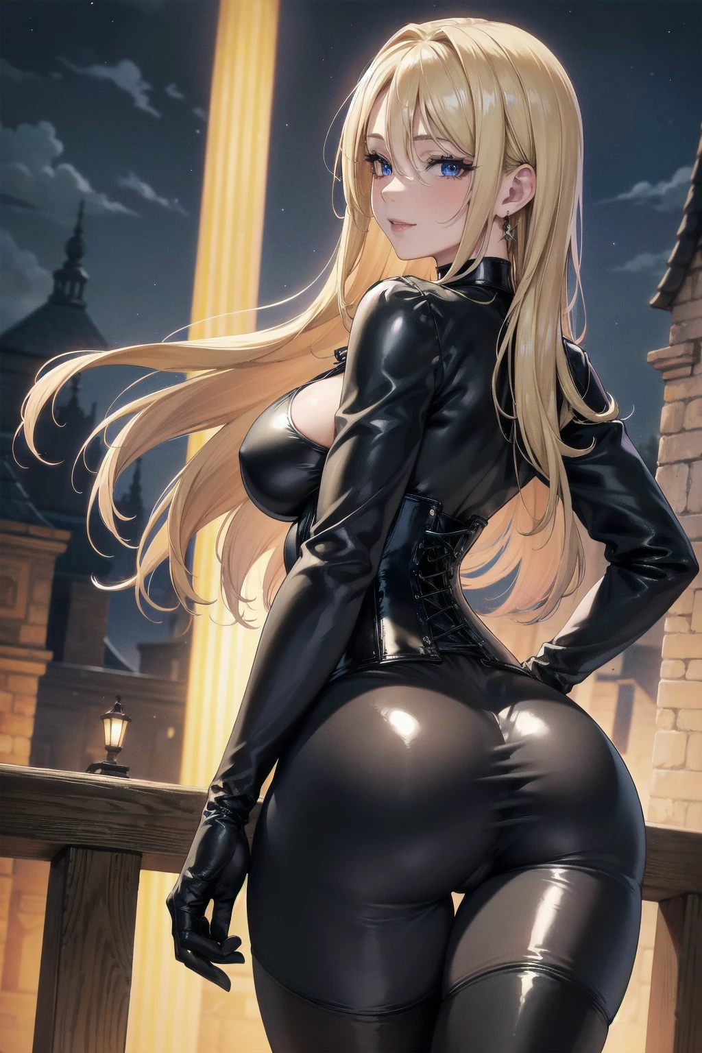 Masterpiece, Superior image quality, high resolution, 4k image,photo and gross, photorealistic, whole body, ung blonde of 15 years, standing, view from behind, perfect ass, {{{vagina}}}, big breasts, beautiful face, long blonde hair, Blue eyes, very detailed eyes, pink cheeks, happy expression, draw smile, choker:1.6, (white collar button down long sleeve shirt), black gloves, gloves that cover hands, (black leather corset), (shiny black leggings), Sensual Lips, show details in the eyes, medieval village with villagers in the background, at night
