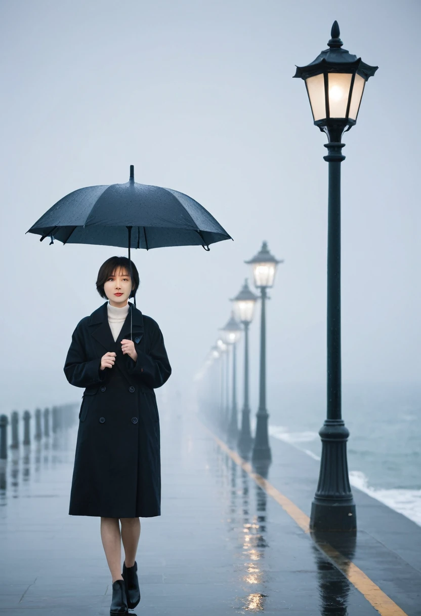 8k, Vivid picture quality, Beautiful 36-year-old Korean woman, short medium hair, rain, Fog, blur, ocean, tide, boring, umbrella, only, breakwater, Street lamp, Coast, Black coat