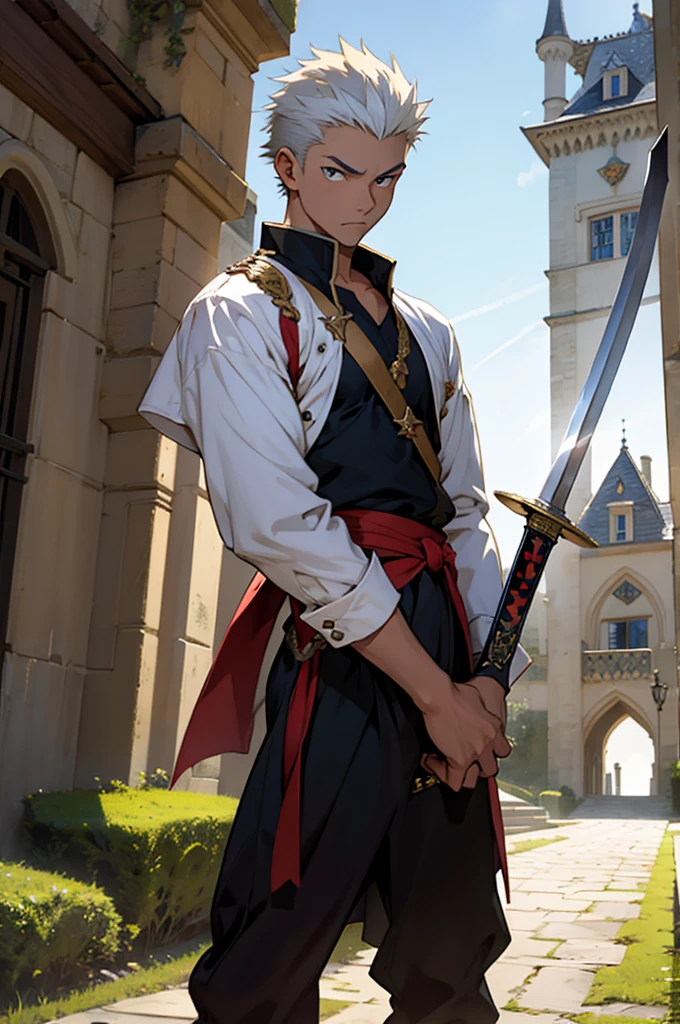 Young prince with light skin and spiky hair with a sword in his hand in front of a castle with a sad expression
