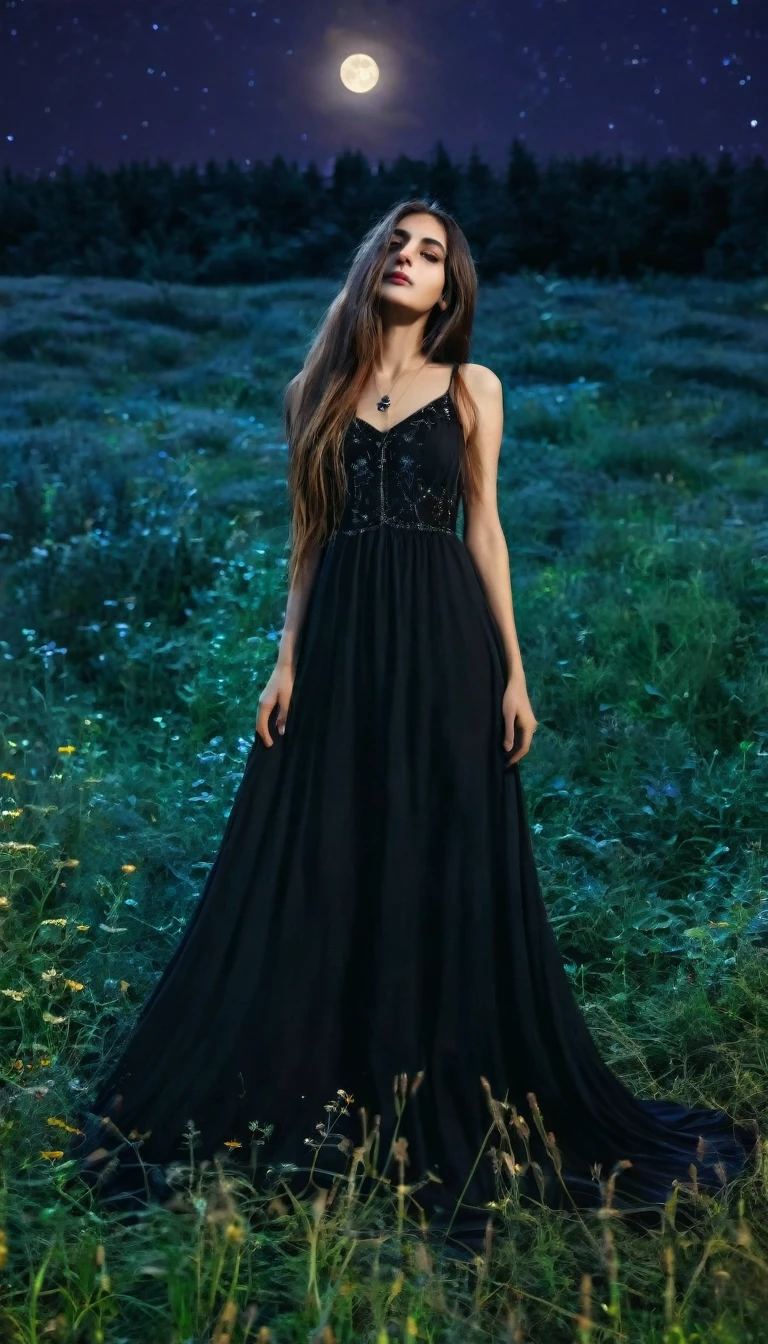 beautiful lebanese girl with a very long hair wearing black dress standing in the meadow in moon light, looking to the stars, psychedelic, dreamy, cinematic