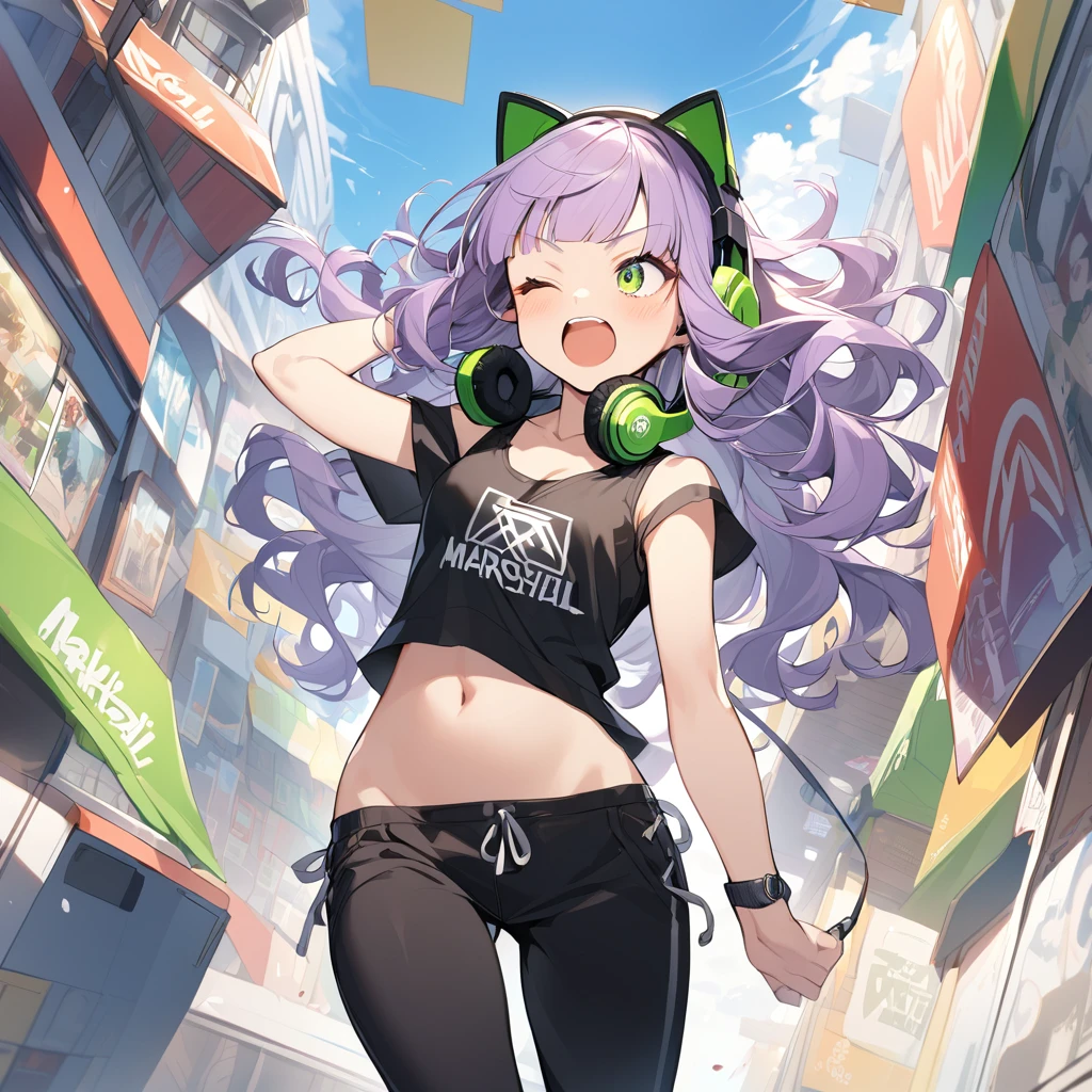 The girl closes her eyes and shouts loudly,pale-purple hair, a dynamic angle, wavy hair blowing in the wind, blunt bangs hair, black and green eyes,small breast, A black tank top showing her slim belly, black drawstring pants, The headphones are square-shaped, have the Marshall logo on the head, and the girl is wearing the headphones around her neck.
