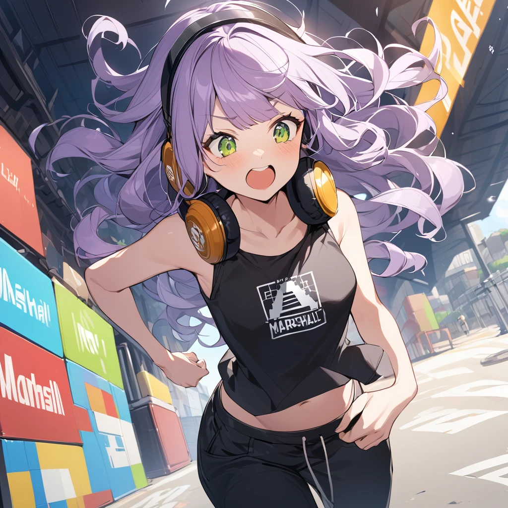 The girl closes her eyes and shouts loudly,pale-purple hair, a dynamic angle, wavy hair blowing in the wind, blunt bangs hair, black and green eyes,small breast, A black tank top showing her slim belly, black drawstring pants, The headphones are square-shaped, have the Marshall logo on the head, and the girl is wearing the headphones around her neck.