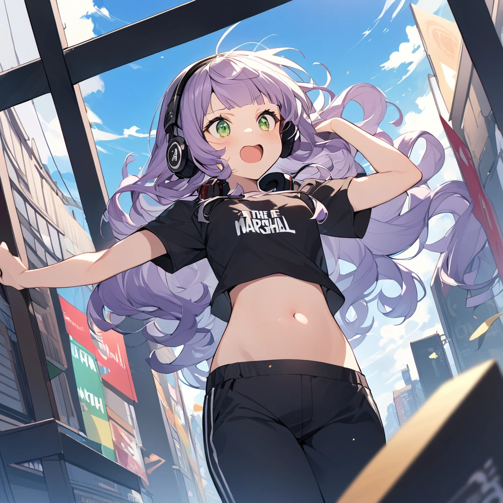 The girl closes her eyes and shouts loudly,pale-purple hair, a dynamic angle, wavy hair blowing in the wind, blunt bangs hair, black and green eyes,small breast, A black tank top showing her slim belly, black drawstring pants, The headphones are square-shaped, have the Marshall logo on the head, and the girl is wearing the headphones around her neck.