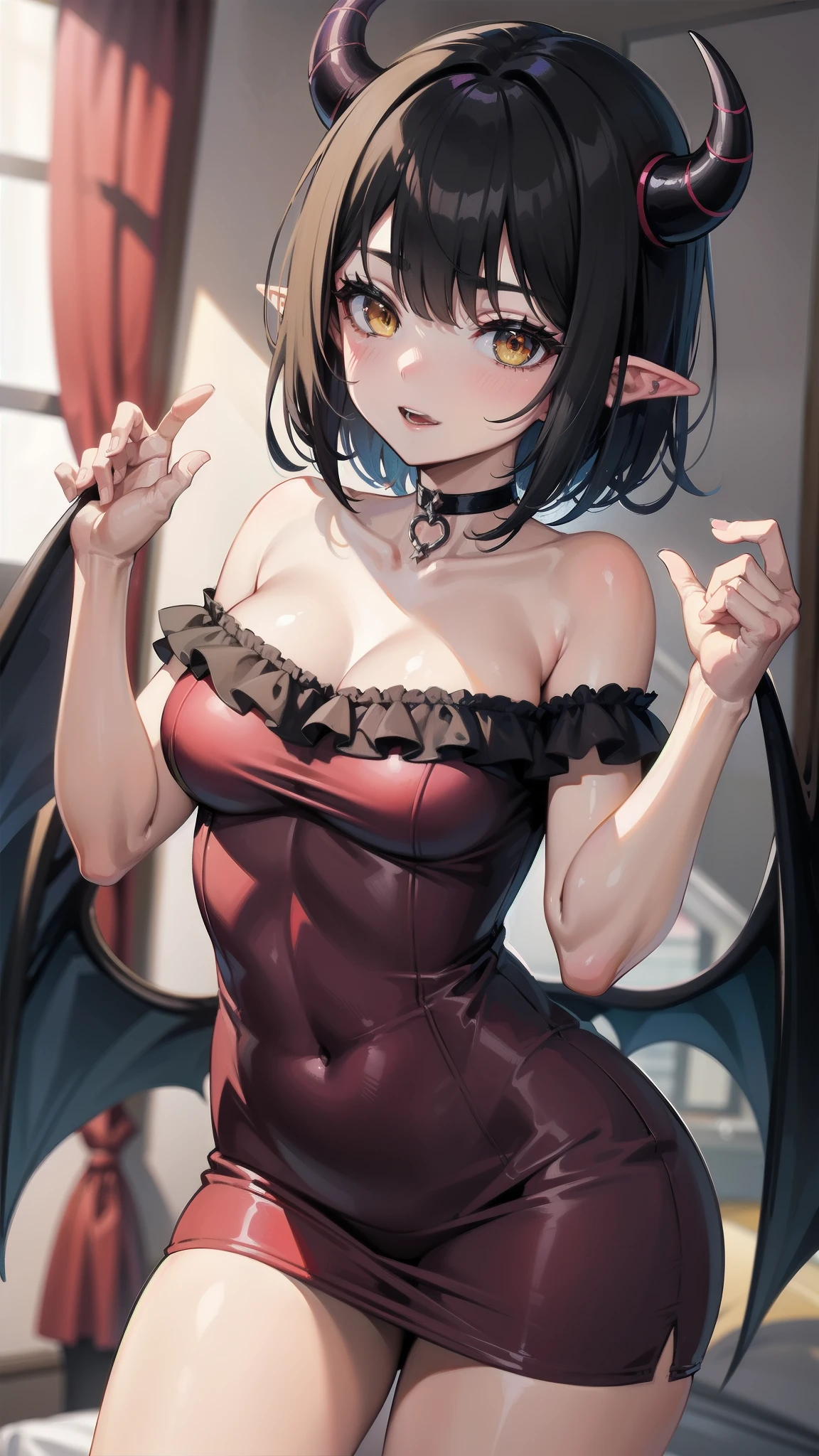 Devil Girl, Black Hair, Pointed Ears, Yellow Eyes, short hair, choker, , Devil horns, Devil&#39;s Tail, Red Corner, break (Sticking out tongue:1.2, Black mini skirt:1.2, Gold Bikini:1.5, Gold Micro Bikini, shirt:1.2), (Red skin:1.8), Shiny skin, On the bed, pillow, break large breasts, Wide Hips, Open your mouth, Nipples, Happy, smile, Blushing, Breath Cheek, Sweat, Take off, break (Focus on the girl),