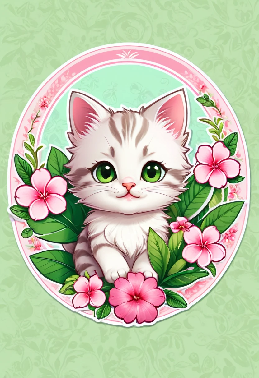 sticker,At the center, pink flowers, (little kitten)，happy expressions，cute clothes，in circle with wild fruits, hawaiian background, green border，Simpler, ultra detaild, drawning detalhado, vectorised, 8k, design de sticker profissional, flat design, vector lines, sticker, drawning, drawning, Full HD