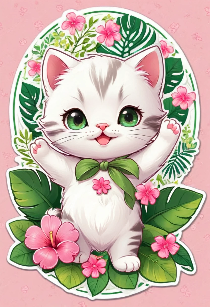 sticker,At the center, pink flowers, (little kitten)，happy expressions，cute clothes，in circle with wild fruits, hawaiian background, green border，Simpler, ultra detaild, drawning detalhado, vectorised, 8k, design de sticker profissional, flat design, vector lines, sticker, drawning, drawning, Full HD