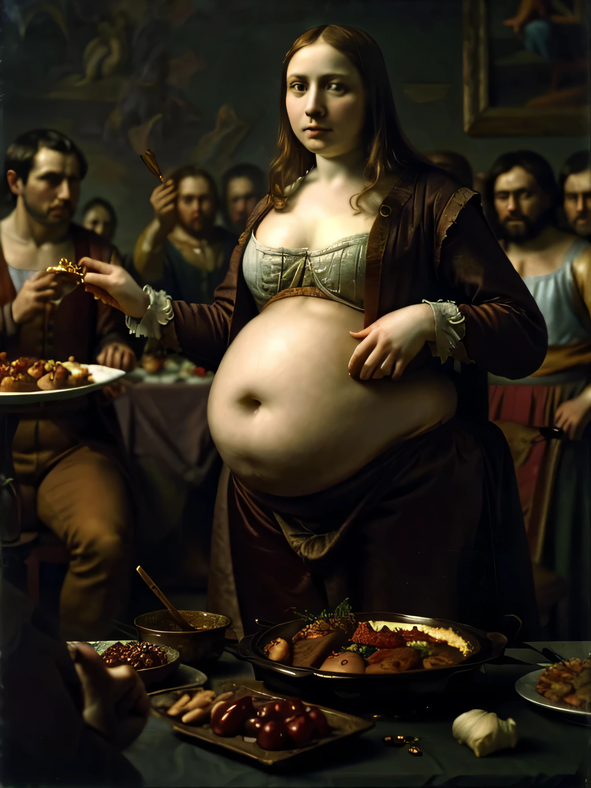 One Renaissance painting of a woman at an elaborate feast alone, dark shadows, alone, mideval background ，over eating, stuffed belly, (Renaissance oil painting:1.1), stuffed belly,  best quality, extremely high resolution, sharp focus, dynamic, (creativity:1.3)