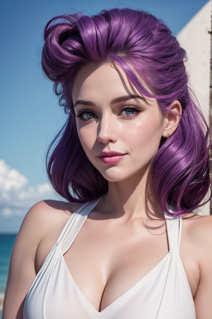 create an image with an American comic style, where there is a woman in the center, she has purple hair, same color eyes, Pele branca como a neve, joyful look, thick lips and sweetness in the countenance, she looks at the horizon