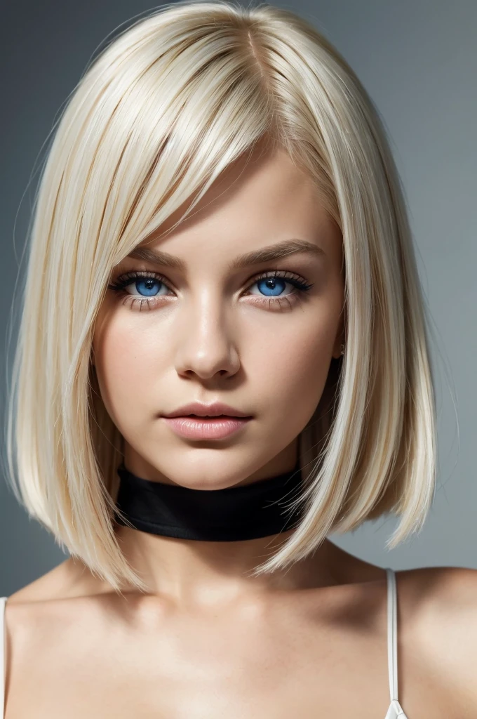 Create a high-quality close-up front view portrait of a young woman with straight, platinum blonde hair, styled in a sleek bob. She has striking blue eyes, a flawless fair complexion, and a subtle, serious expression. The background should be a simple, neutral color to keep the focus on her face.
