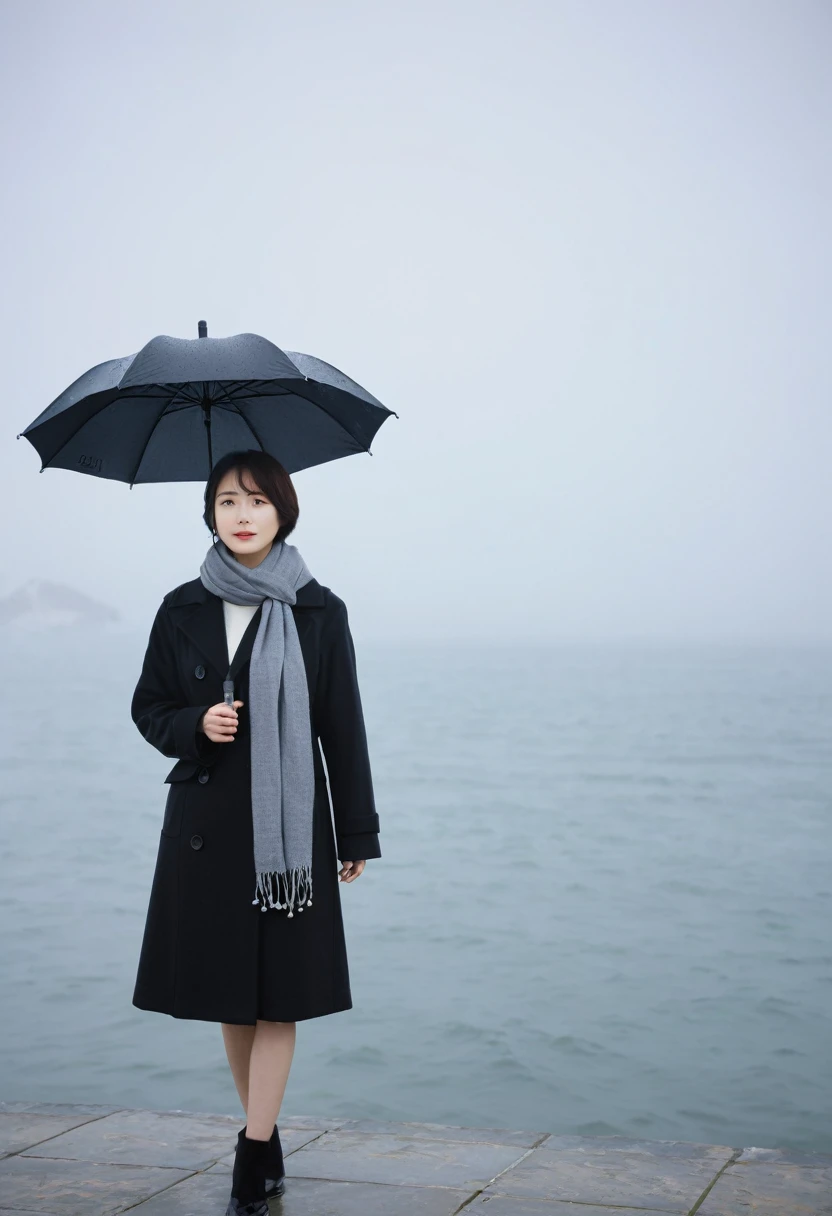 8k, Vivid picture quality, Beautiful 36-year-old Korean woman, short medium hair, rain, Fog, blur, ocean, tide, boring, umbrella, only, breakwater, dark, Coast, Black coat, scarf, Coast가에 짙은 Fog가 끼어있다. 