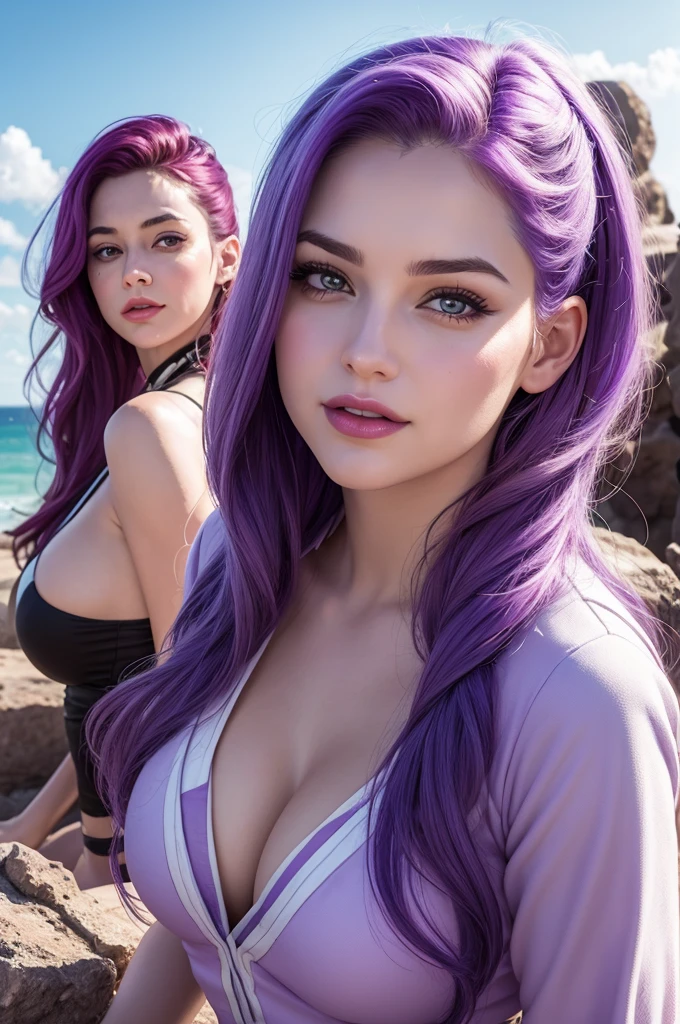 create an image with an American comic style, where there is a woman in the center, She has extremely straight purple hair, same color eyes, Pele branca como a neve, joyful look, thick lips and sweetness in the countenance, She looks at the horizon that has purple tones.