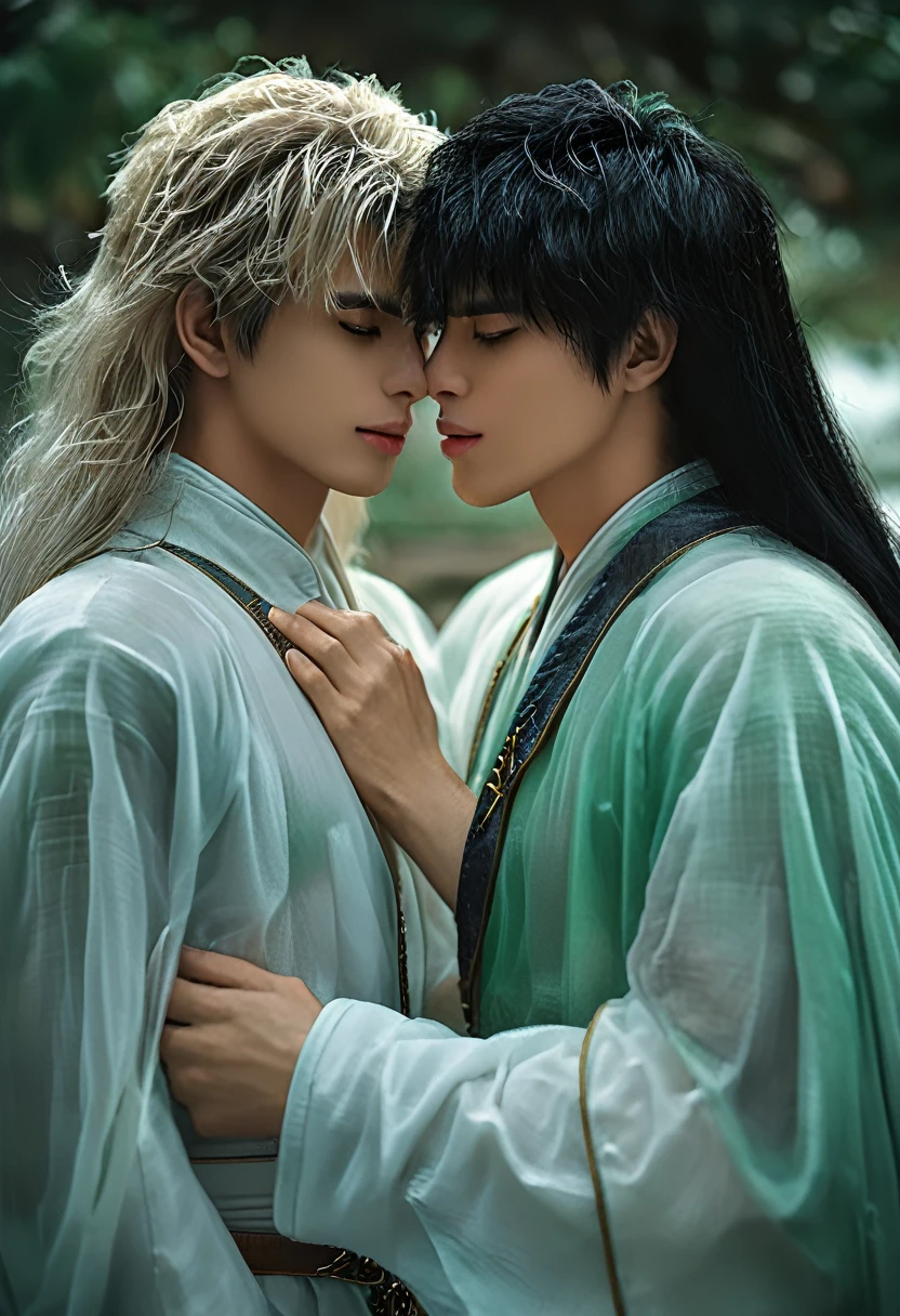 2 sexy males 25 year old, anime elves in a sensual pose medieval poster bed kissing under the sheer sheets, kissing each other, long blond/black hair, perfect intimate position, perfect composition, perfect hands and face, masterpiece, aqua color, UHD, 32k,