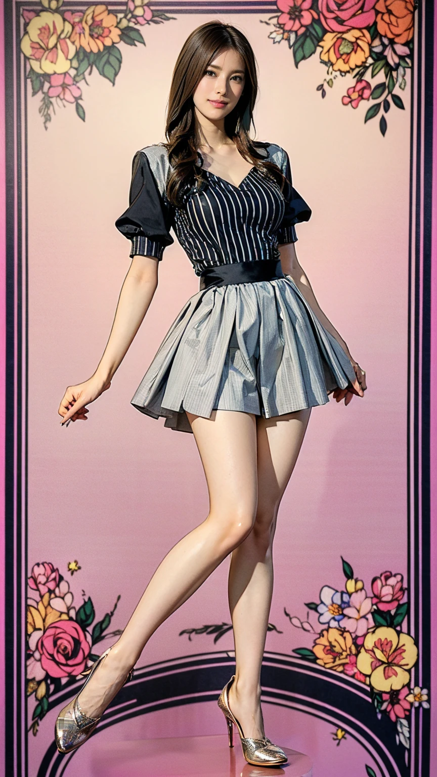 ((masterpiece)),(((Highest quality))),Thin thighs,Long legs,whole body:1.5，(One Girl:1.3),(Black pantyhose and thick pointy heels：1.3),(Wearing a mid-length flared skirt dress with a floral stripe pattern:1.2),Short blonde:1.2、Good pose：1.5