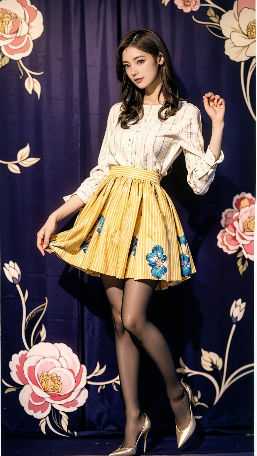 ((masterpiece)),(((Highest quality))),Thin thighs,Long legs,whole body:1.5,(One Girl:1.3),(Black pantyhose and thick pointy heels:1.3),(Wearing a mid-length flared skirt dress with a floral stripe pattern:1.2),Short blonde:1.2、Good pose:1.5