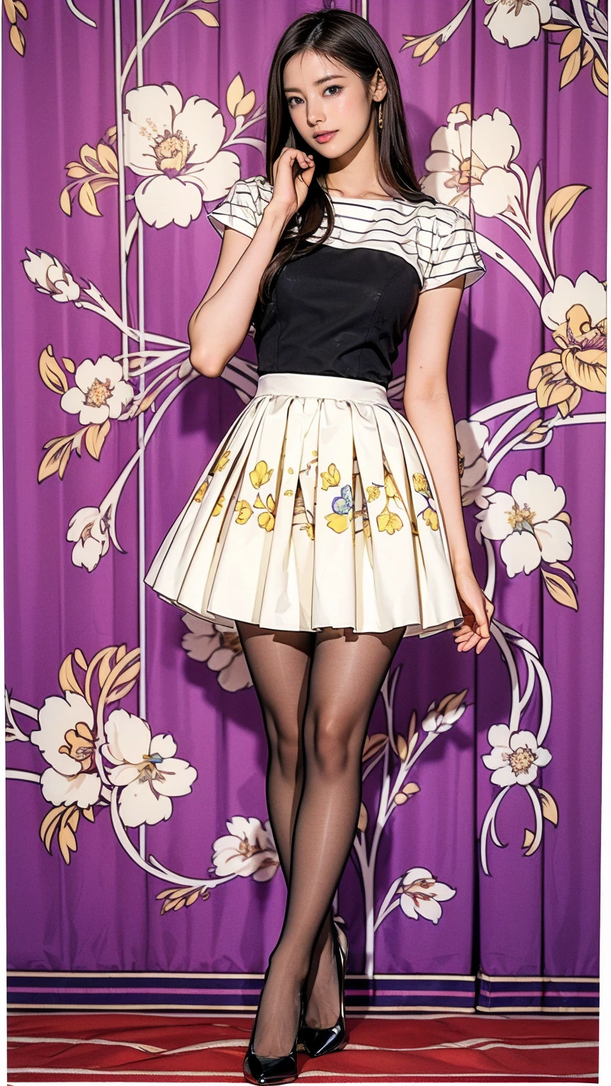((masterpiece)),(((Highest quality))),Thin thighs,Long legs,whole body:1.5,(One Girl:1.3),(Black pantyhose and thick pointy heels:1.3),(Wearing a mid-length flared skirt dress with a floral stripe pattern:1.2),Short blonde:1.2、Good pose:1.5