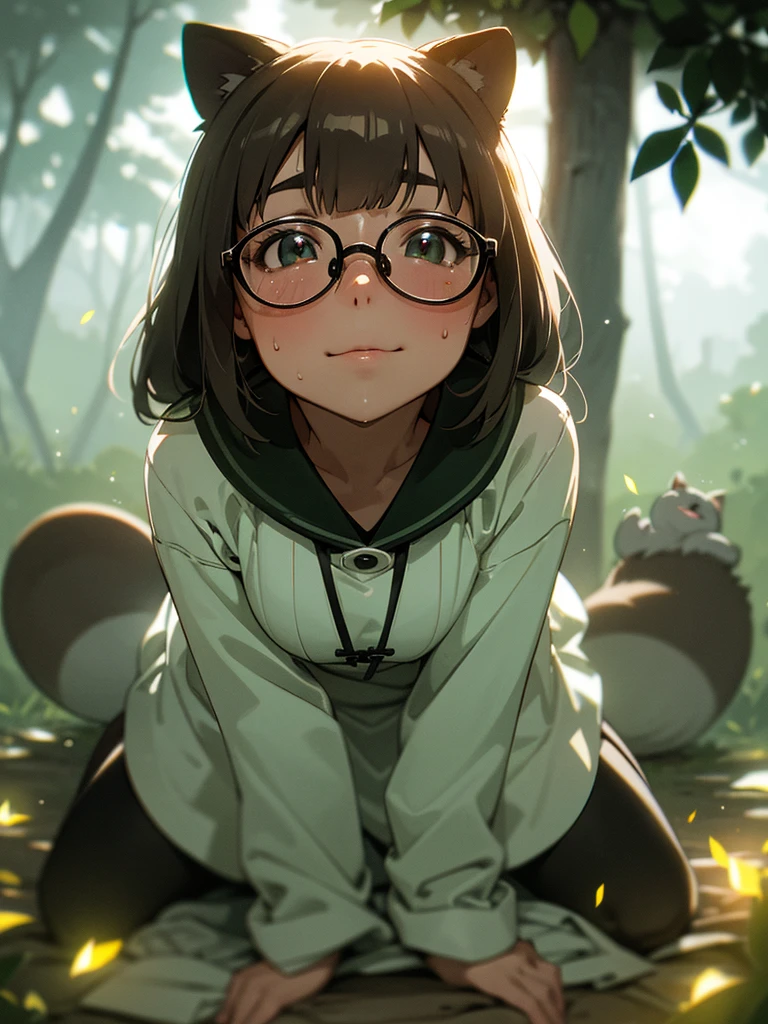 (Sumilux f1.4 75mm , low Latitude old color negative film , cross process , bokeh, flare, chromatic aberration , soft focus, (Shallow focus) , soft glow , Maximum aperture, High Key , Transparent depiction) , kawaii anime female raccoon dog , butter face , two apart melons , lotion on the Thick-rimmed glasses , in the foggy forest , clothed erotica , Kneeling , (looking up to the sky) , doggy style , dripping liquid from crotch , A sloppy look