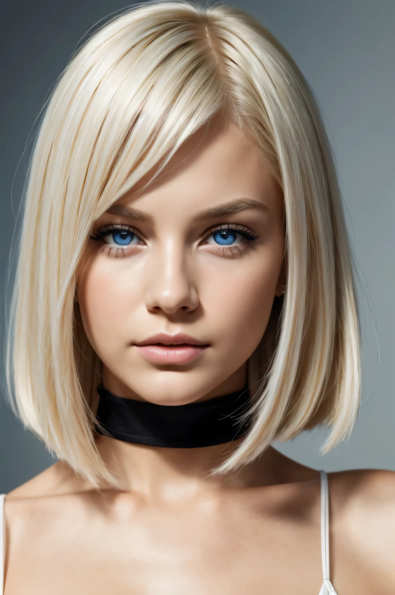 Create a high-quality close-up front view portrait of a young woman with straight, platinum blonde hair, styled in a sleek bob. She has striking blue eyes, a flawless fair complexion, and a subtle, serious expression. The background should be a simple, neutral color to keep the focus on her face.