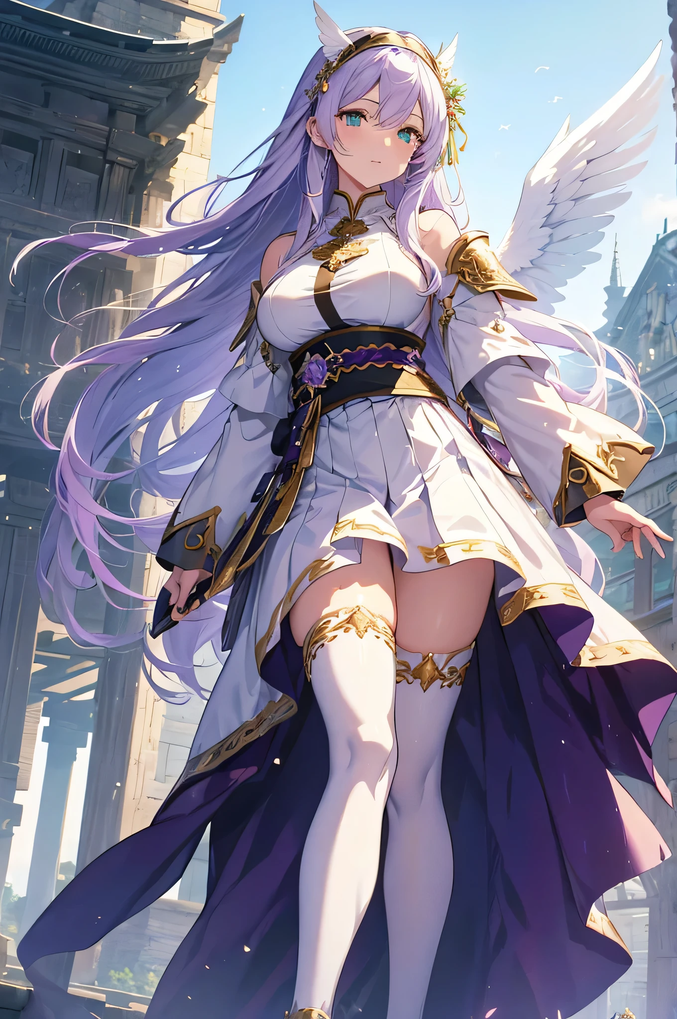 4K,High resolution,One Woman,White purple hair,long hair,Green Eyes,Big Breasts,Valkyrie,White sacred armor,White Skirt,White shoes,Gutter Belt,Hair band with wings,Jewelry decoration,Gold decoration,Big Japan sword,Castle in the Sky