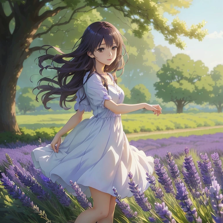 anime girl in a lavender field with a tree in the background, smooth anime cg art, anime visual of a cute girl, anime visual of a young woman, in dress, official art, beautiful anime, makoto shinkai. digital render, official artwork, beautiful anime girl, high detailed official artwork, anime style 4 k, anime moe artstyle