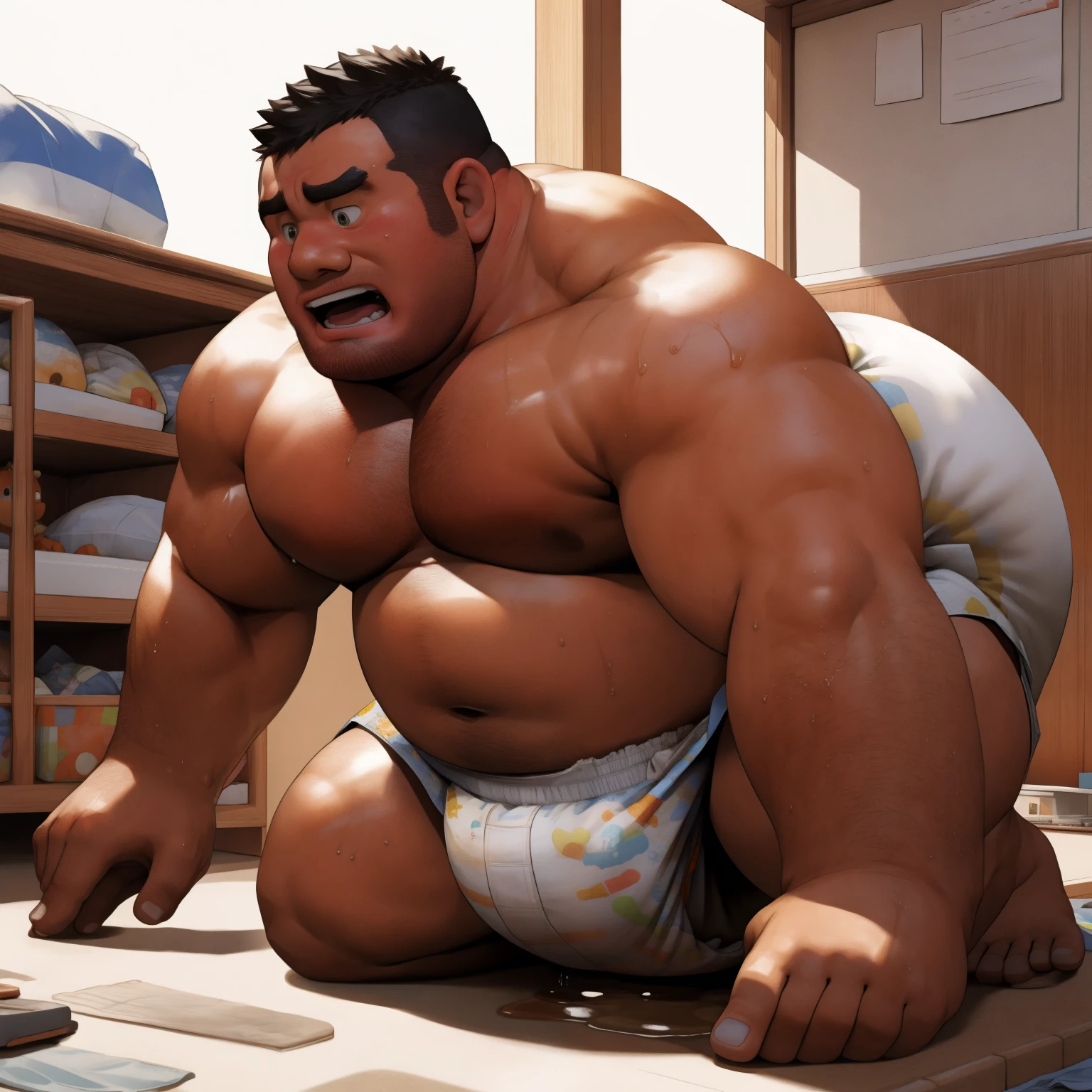 masterpiece, Top quality, in 32K, perfect anatomy, hyper detailed, super fine illustration, The thick man is a brutal prisoner, retarded, hairy human, 50yo in Japan, (fatness: 1.0), Fatty muscle, Bowleg, disappointment, incontinent, be diaper check by children, waddle, There is a small puddle under him, incontinent, Naked, short legs, Bowleg, spread legs, wear a White cloth Diaper, Bare belly, Bare legs, Bare foots, Bare soles, Shirtless, wide forehead and short thinning hair, Man with round face with stubble, Bare foots, Bare soles, shy, sissy, Weaker than children, Drool, Round face, steams, Solo, He enters nursery school and is despised by children, He surrounded by children, His bottom is wet, Bare foots, big butt, he is scolded by the children, White Diaper, He surrounded by children, sobbing, wear a White cloth Diaper, shirtless, There is a small puddle under him, He enters nursery school and is despised by children, big butt, sobbing, He crawling to go to children, on all fours, side view