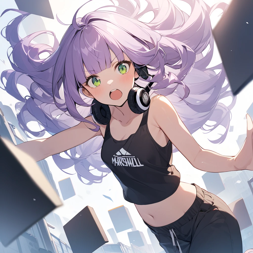 The girl closes her eyes and shouts loudly,pale-purple hair, a dynamic angle, wavy hair blowing in the wind, blunt bangs hair, black and green eyes,small breast, A black tank top showing her slim belly, black drawstring pants, The headphones are square-shaped, have the Marshall logo on the head, and the girl is wearing the headphones around her neck.