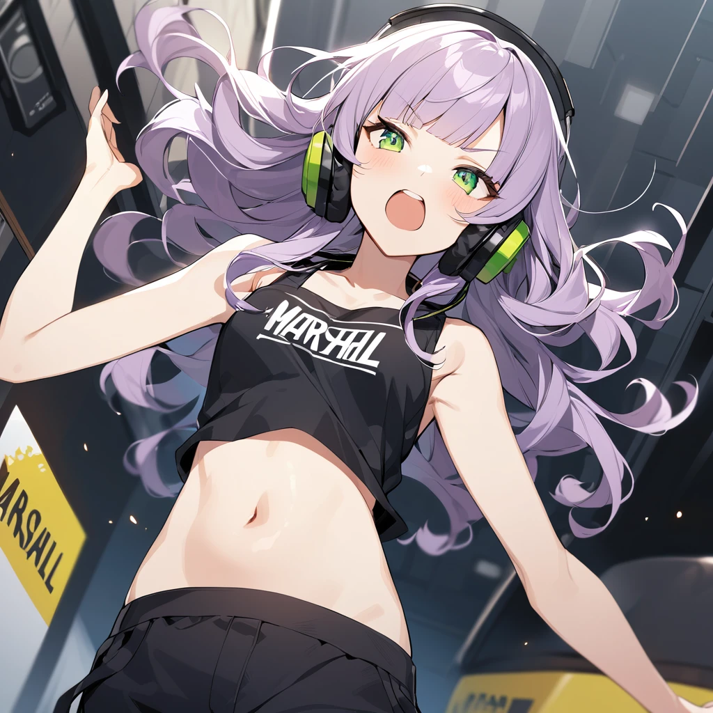 The girl closes her eyes and shouts loudly,pale-purple hair, a dynamic angle, wavy hair blowing in the wind, blunt bangs hair, black and green eyes,small breast, A black tank top showing her slim belly, black drawstring pants, The headphones are square-shaped, have the Marshall logo on the head, and the girl is wearing the headphones around her neck.