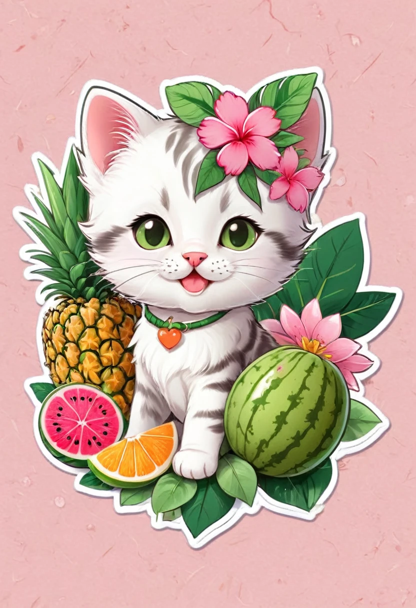 sticker,At the center, pink flowers, fruits, (little kitten)，happy expressions，cute clothes，em círculo com fruits silvestres, hawaiian background, green border，Simpler, ultra detaild, drawning detalhado, vectorised, 8k, design de sticker profissional, flat design, vector lines, sticker, drawning, drawning, Full HD