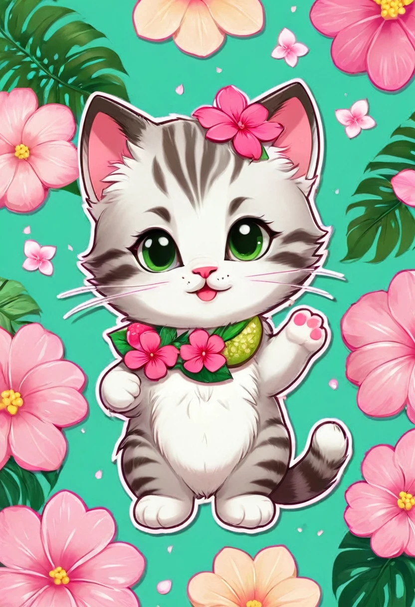 sticker,At the center, pink flowers, fruits, (little kitten)，happy expressions，cute clothes，em círculo com fruits silvestres, hawaiian background, green border，Simpler, ultra detaild, drawning detalhado, vectorised, 8k, design de sticker profissional, flat design, vector lines, sticker, drawning, drawning, Full HD