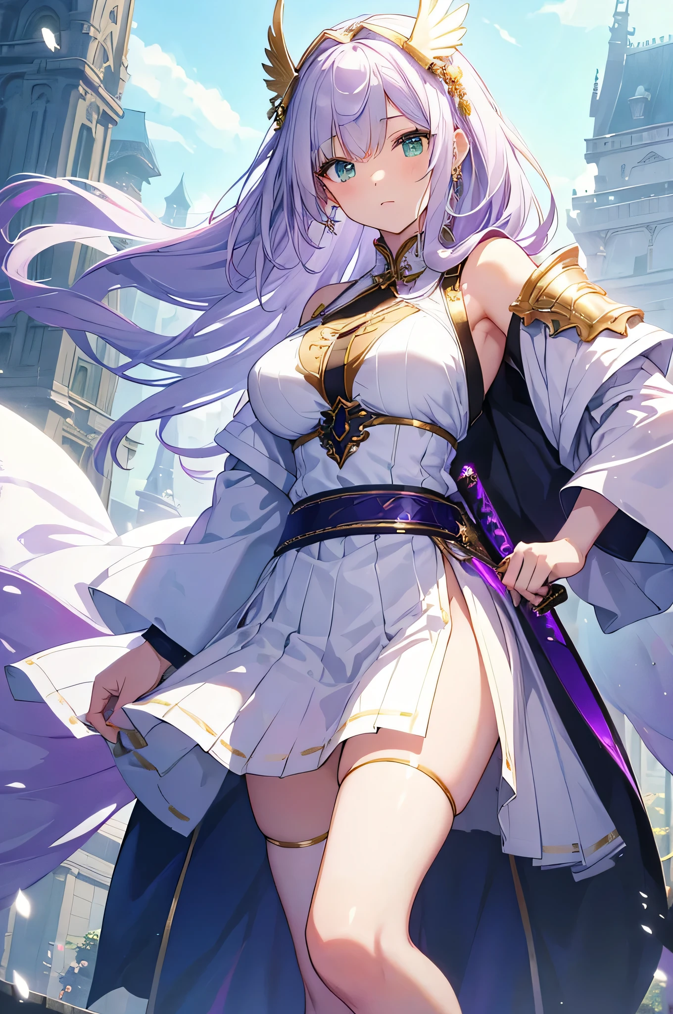 4K,High resolution,One Woman,White purple hair,long hair,Green Eyes,Big Breasts,Valkyrie,White sacred armor,White Skirt,White shoes,Gutter Belt,Winged headgear,Jewelry decoration,Gold decoration,Big Japan sword,Castle in the Sky